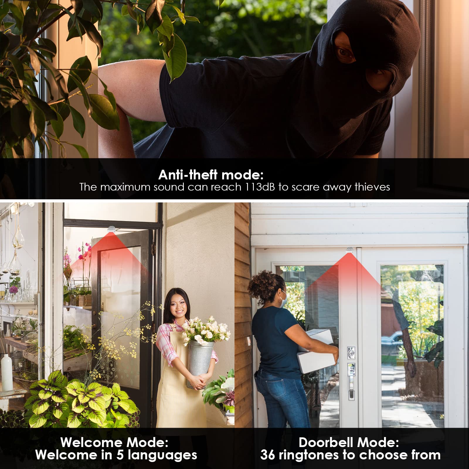 Greencycle Door Sensor Chime, Motion Detector Alarm, Commercial Door Bells For Business Entry, Home Security Alert (918 Feet, 36